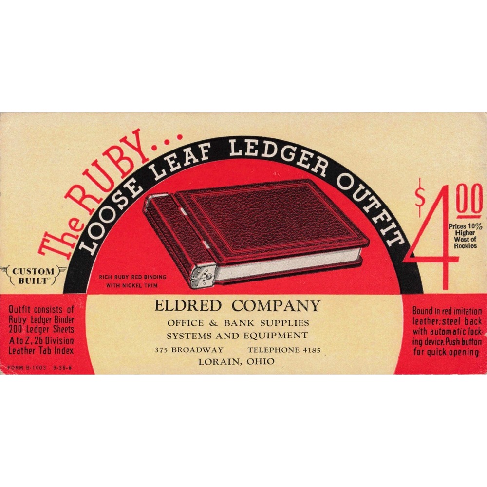 Vintage Eldred Company Ruby Loose Leaf Ledger Outfit Advertising Ink Blotter - Picture 1 of 2